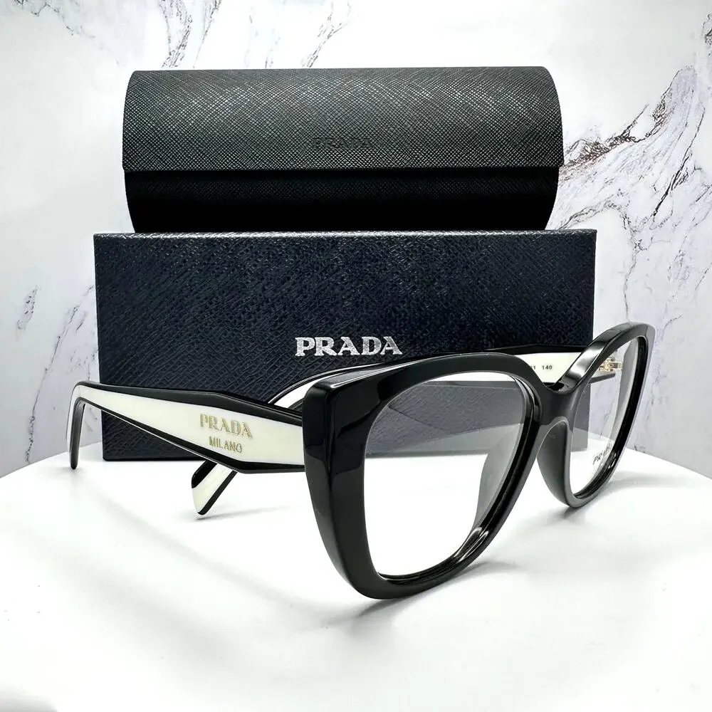 New PRADA Eyeglasses Cat Eye Black White Gold 53-17-140 Womens